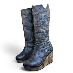 Bed Stu cordoba distressed brown genuine leather platform wedge boots